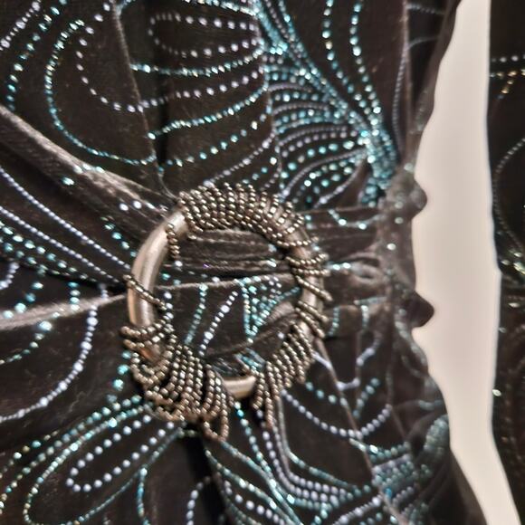 Notations Top Black Aqua Rhinestone Beaded Twofer Crushed Velvet Wrap Buckle PXL - Picture 5 of 11